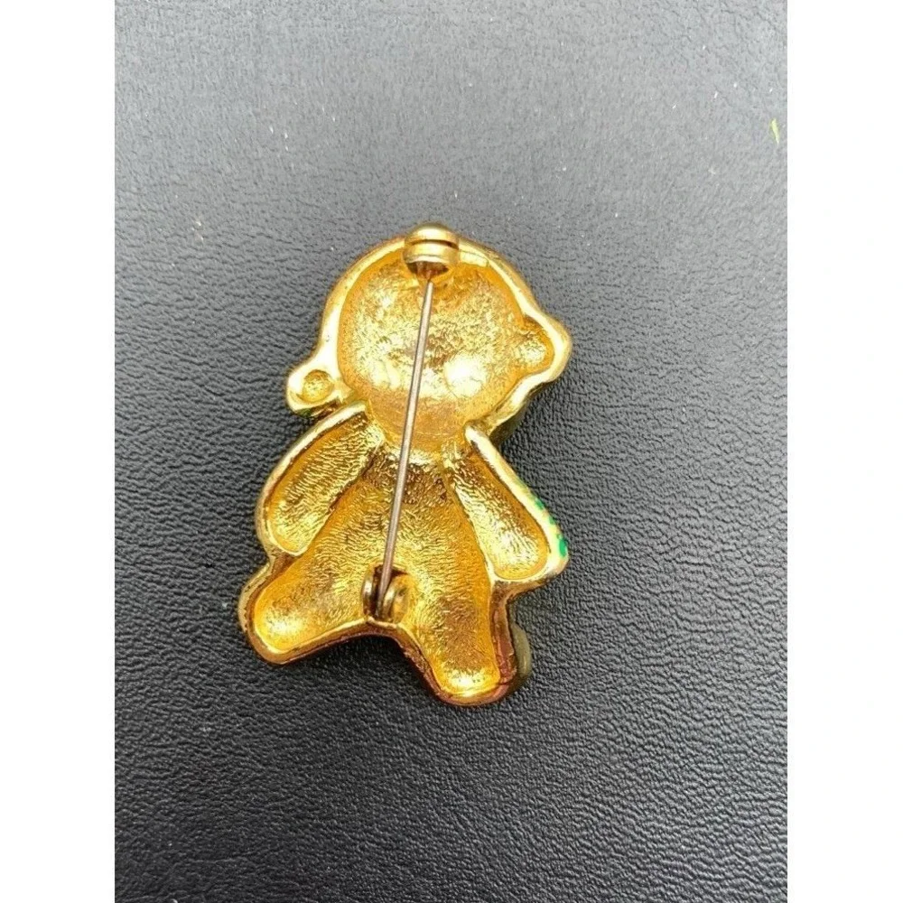 Vintage Gold Tone And Enamel Christmas Teddy Bear Brooch